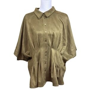 Anthropologie Exquise Olive Green Faux Sade top, quiet luxury, earthy, polished